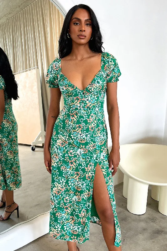 Solem Dress - Dark Green Floral Youthful Women's Anime - inspired