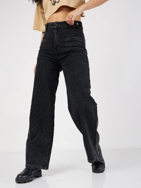 Women Black Bone Pocket Straight Jeans French