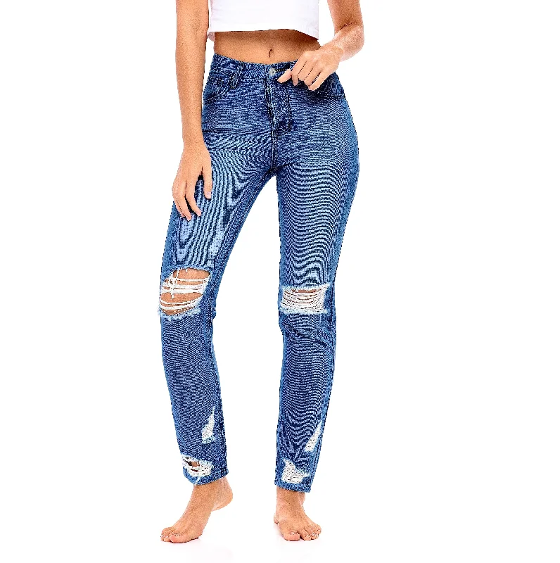Star Stitched Pockets - Distressed High Waisted Jeans  - The Clover Luxurious Women's High -  end