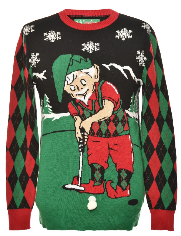 Black, Red & Green Argyle Design Christmas Jumper - S Hip Women's Urban