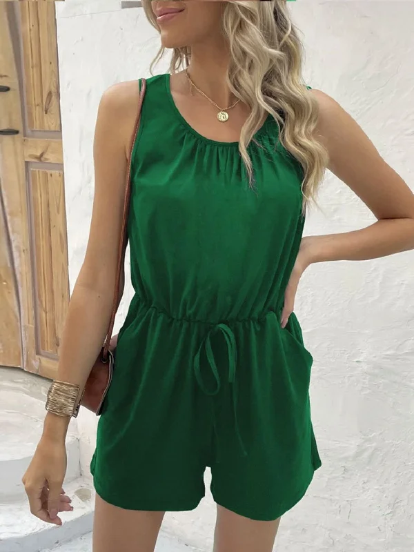 Pocketed Round Neck Sleeveless Romper Refined Women's Hand - crafted