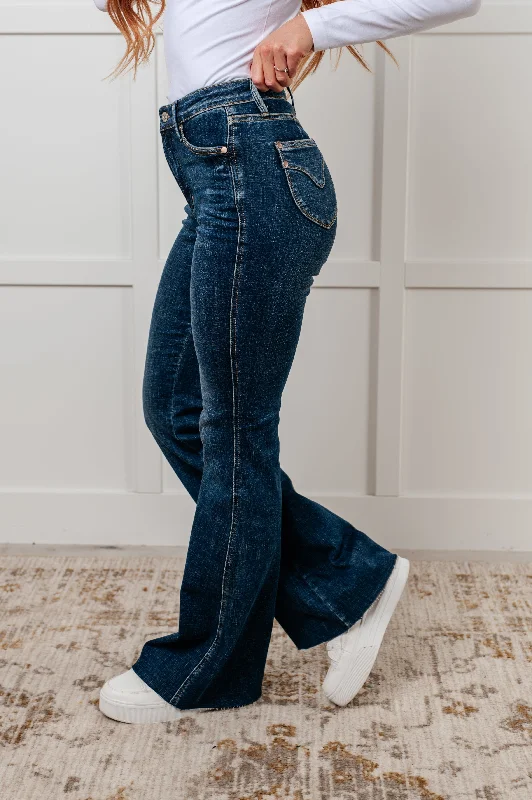Judy Blue High Rise Tummy Control Shield Pocket Raw Hem Flare Jeans Cozy Women's Sherpa - lined
