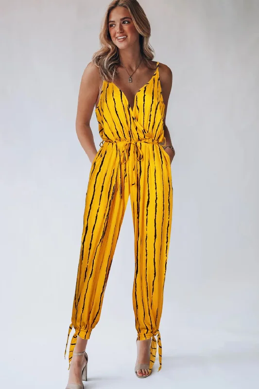 Striped Contrast Tie Ankle Spaghetti Strap Jumpsuit Polished Women's Silk