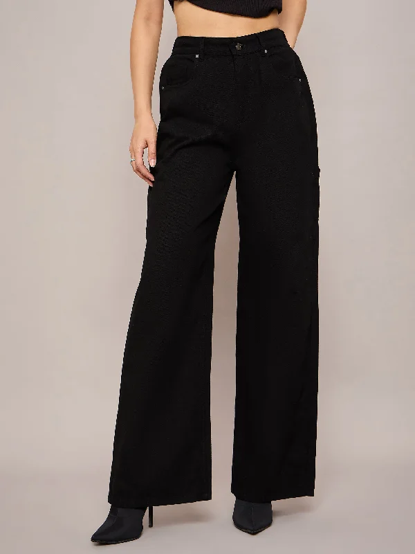 Women Black Elasticated High Waist Back Pocket Jeans Sleek Women's 