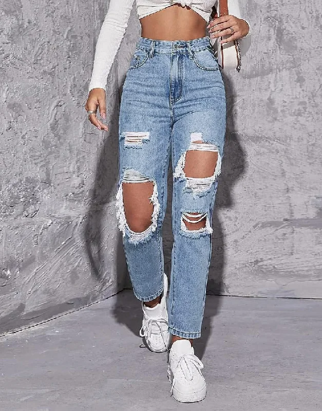 High Rise Ripped Mom Jeans Light Blue Hip Women's Urban