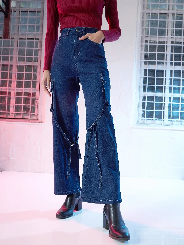 Women Blue Staright Fit Cargo Jeans Athletic Women's High - 