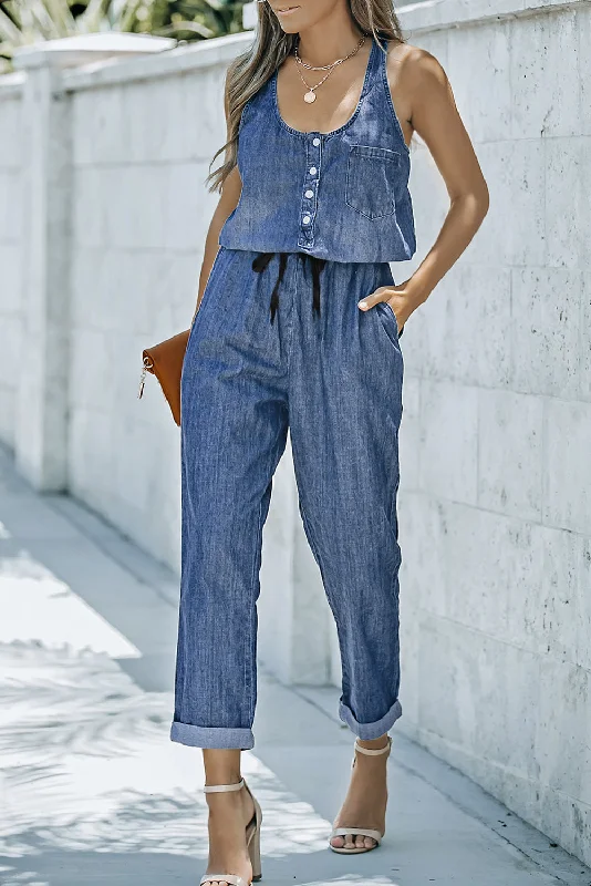Buttoned Scoop Neck Denim Jumpsuit Feminine Women's Style 