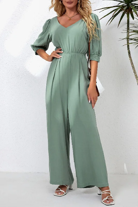 V-Neck Half Sleeve Jumpsuit Monochromatic Office Style