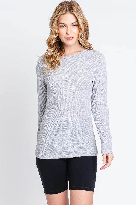 Heather Grey Waffle Knit Basic Long Sleeve Top Earthy Women's Hemp - based