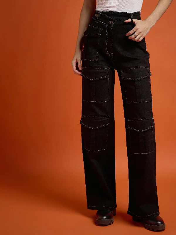 Women Black Cargo Straight Jeans British Gentlewoman Style