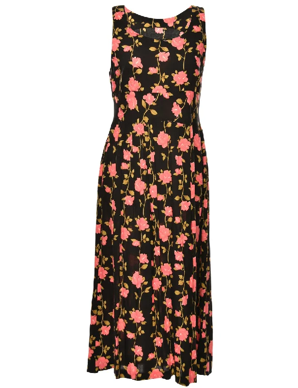 Floral Print Black & Pink Dress - L Geometric