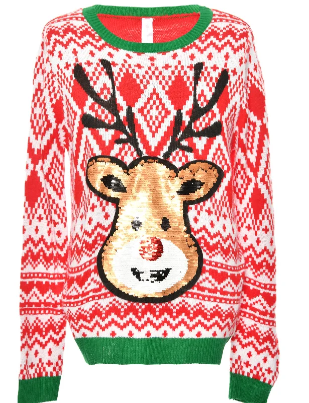 Green & Red Reindeer Design Christmas Jumper - XL Unique Women's Upcycled