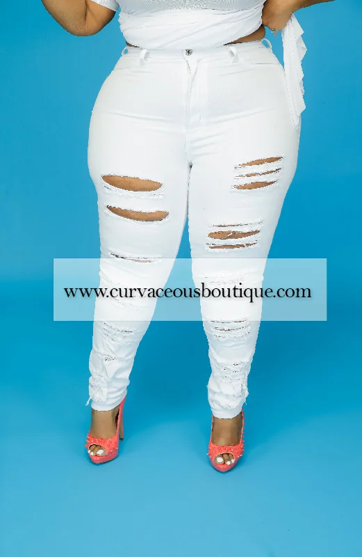 White Double Side Ripped Jeans Sophisticated Women's Tailored