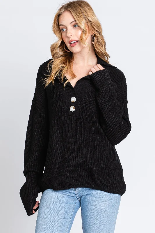 Black Chunky Knit Front Button Sweater Sophisticated Women's Tailored