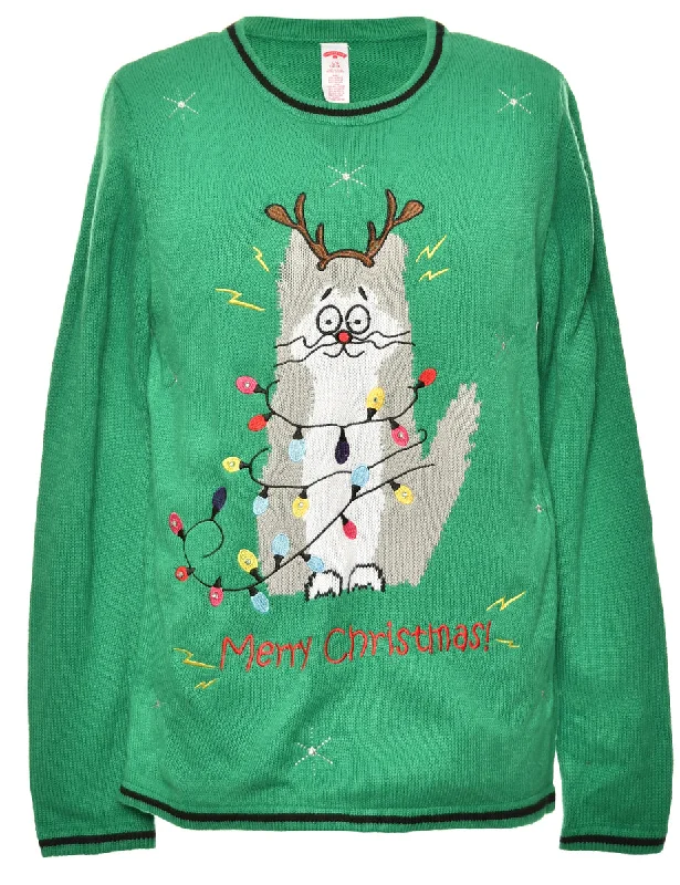 Cat Design Festive Jumper - L Sleek Women's Metallic