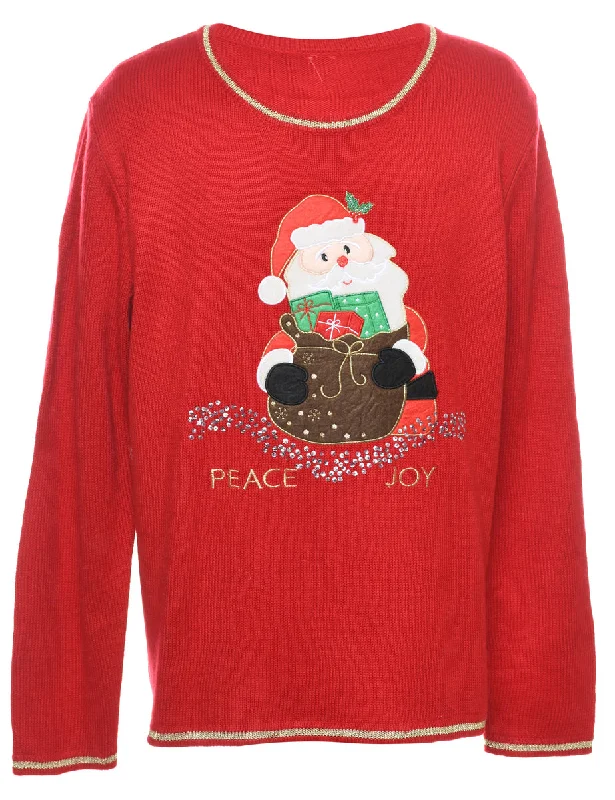 Santa Claus Design Red Christmas Jumper - L Vintage Women's 1970S 