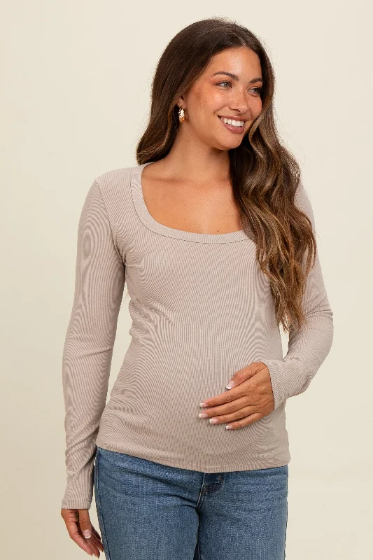Beige Ribbed Square Neck Long Sleeve Maternity Top Monochromatic All - in - one