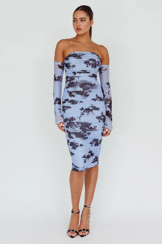 Cece Off-Shoulder Midi Dress Floral Blue Streetwear Style for 