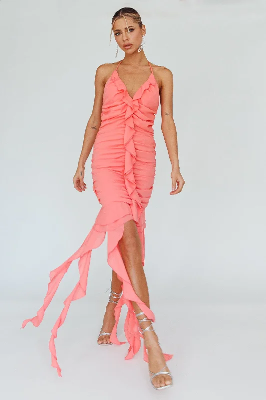 Get Obsessed Ruffle Trim Mini Dress Guava Traditional Women's Wool