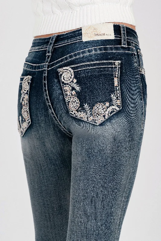 Floral Embroiderye Mid Rise Skinny Jeans Cool Women's Skate