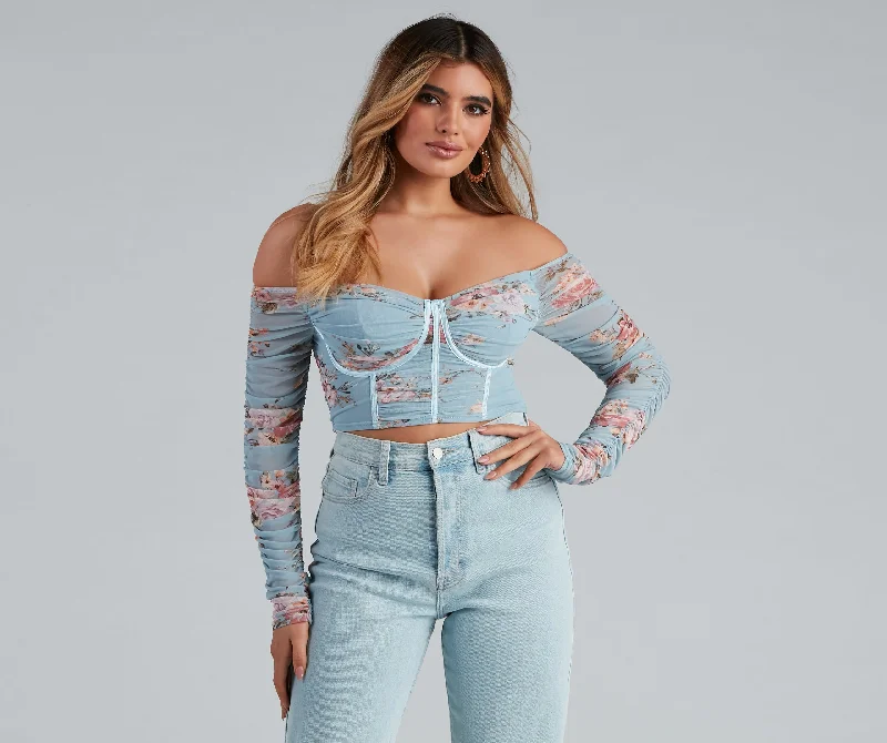 All For Floral Mesh Satin Trim Bustier Cozy Women's Winter