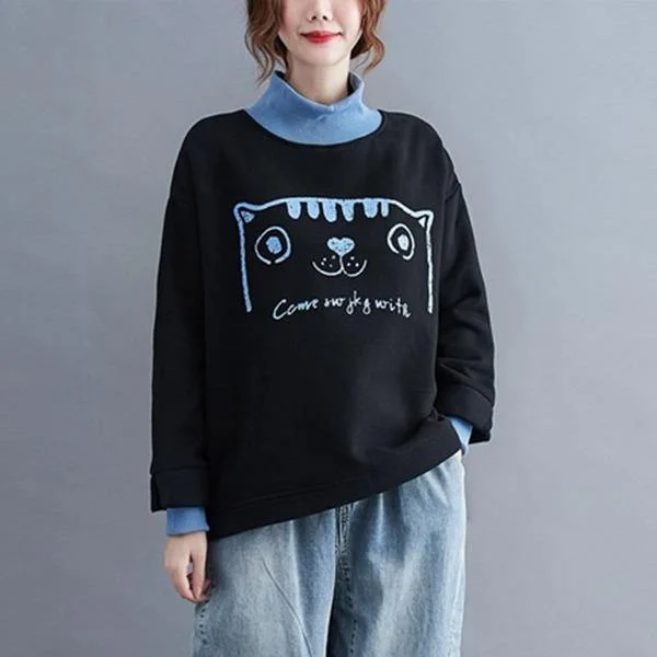 Style Cartoon Print Turtleneck Loose Female Pullovers Hoodies French