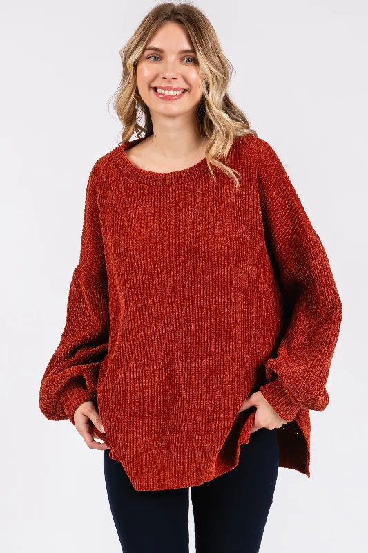 Rust Chenille Knit Balloon Sleeve Sweater Relaxed Women's 