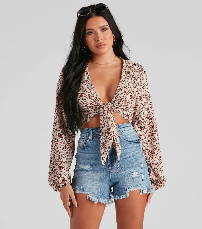 Bohemian Chic Paisley Tie Front Top Sophisticated Women's 