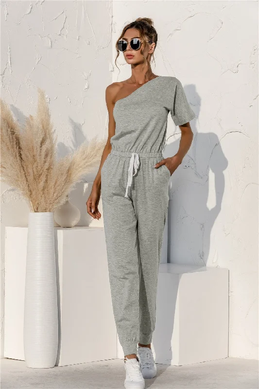 Single Shoulder Short Sleeve Jumpsuit Relaxed Women's Beachy