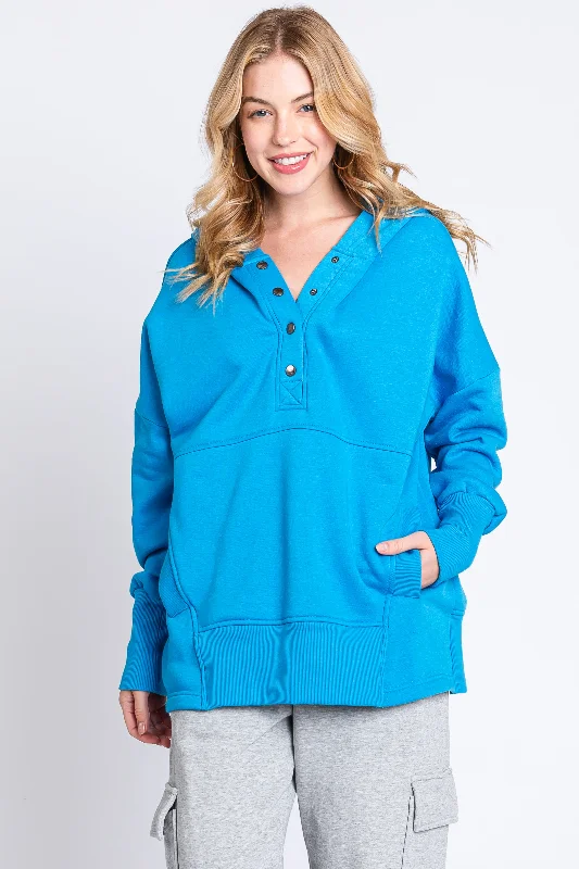 Blue Hooded Button Pullover Sweater Sleek Women's 