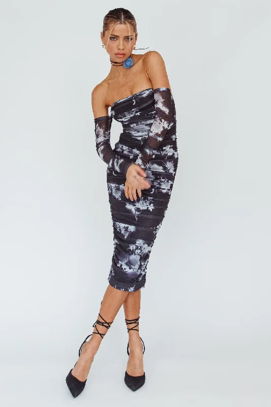 Cece Off-Shoulder Midi Dress Floral Black Feminine Women's Style 