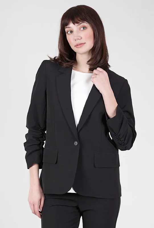 Crepe Ruched-Sleeve Blazer, Black Stylish Women's Tropical 