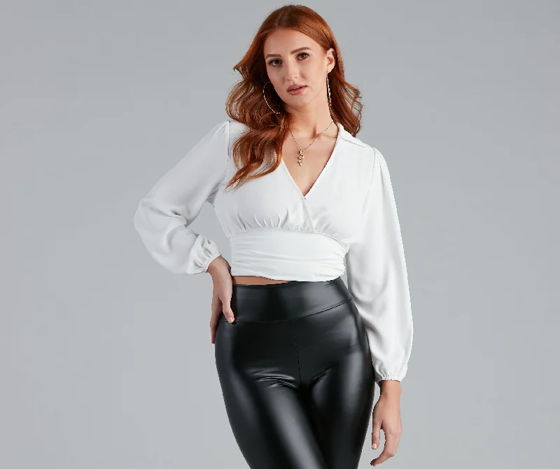 High Collar Crepe Surplice Blouse Hip Women's Urban