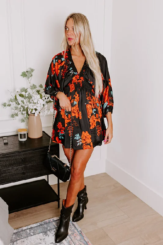 Botanical Bliss Satin Mini Dress in Black Laid - back Women's Style