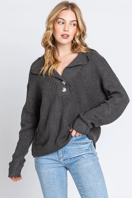 Charcoal Chunky Knit Front Button Sweater Unique Women's Upcycled