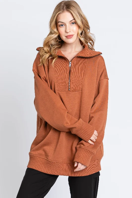 Camel High-Neck Fleece Pullover Dapper Women's Bow - adorned