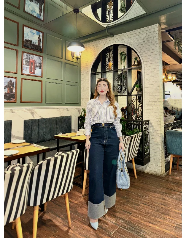 High Rise Wide Leg Jeans With Folded Hem in Dark Blue Australian Beach