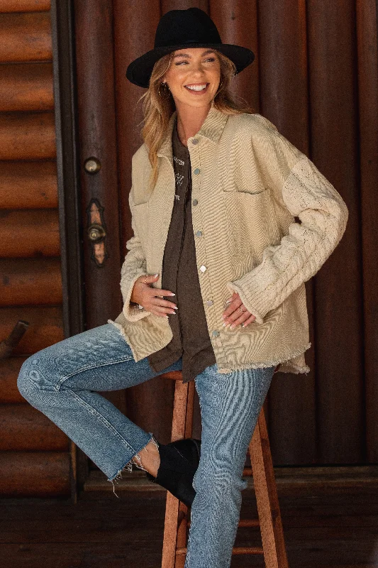 Beige Denim Cable Knit Contrast Maternity Jacket Artistic Women's Hand - painted