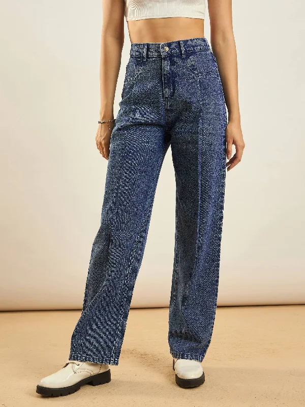 Women Blue Washed Front Darted Straight Fit Jeans Earthy Women's 