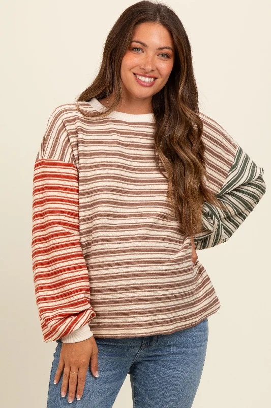 Brown Striped Colorblock Bubble Sleeve Maternity Top Sporty Women's Athleisure 