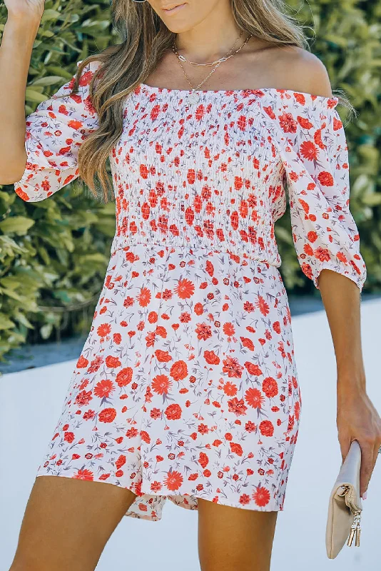 Smocked Printed Short Sleeve Romper Refined Women's Classic 