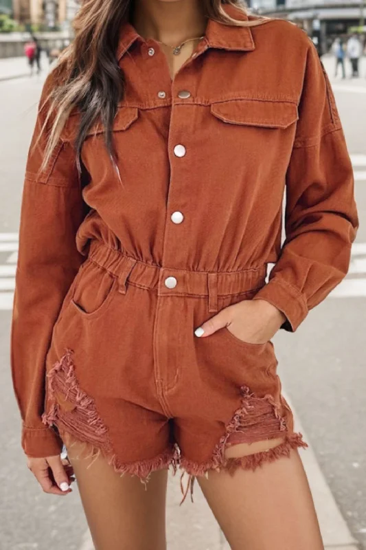 Distressed Raw Hem Snap Down Romper Cool Women's Distressed