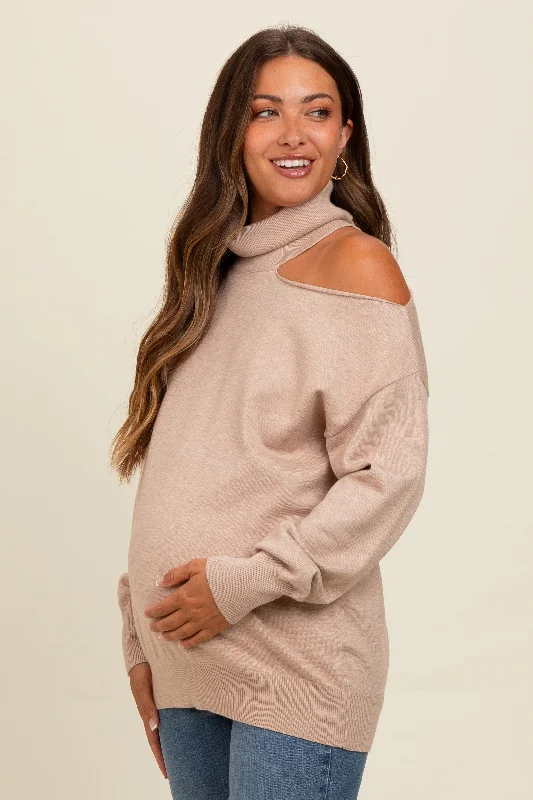 Beige Cold Shoulder Turtle Neck Maternity Sweater Youthful Women's Anime - inspired
