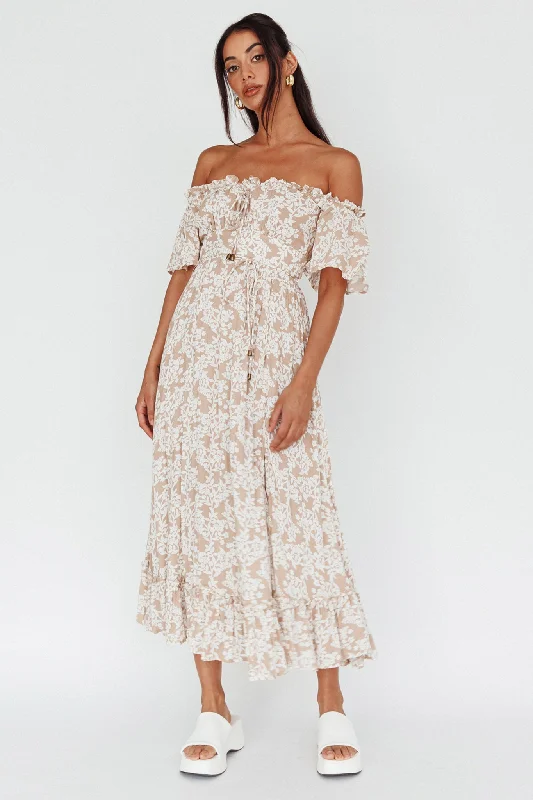 Voyager Off-Shoulder Bell Sleeve Midi Dress Floral Blush European