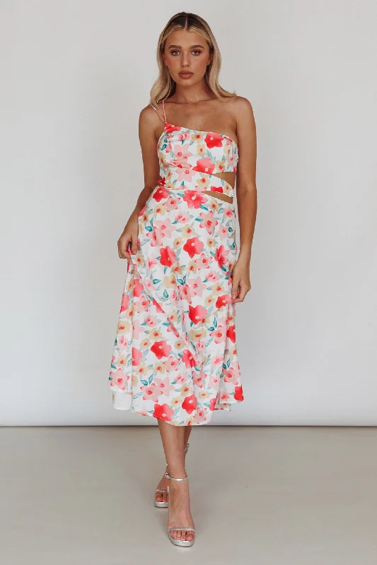 Halia One-Shoulder A-Line Midi Dress Floral Pink Traditional Women's Wool
