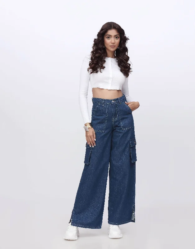 Wide Leg Cargo Slit Dark Blue Business