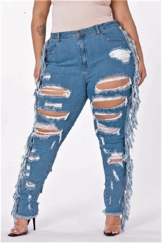 Blue Side Piece Fringe Jeans Stylish Women's Tropical 