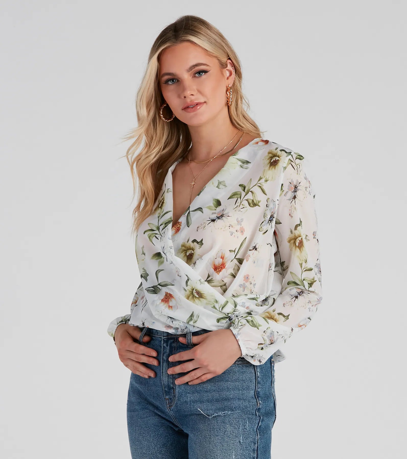 Floral Romance Chiffon Surplice Top Practical Women's Quick - dry