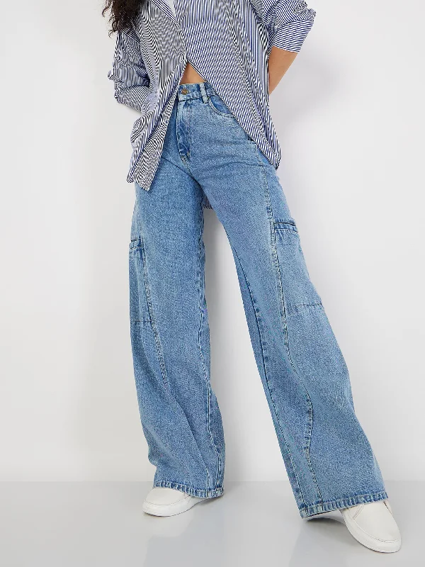Women Blue Wide Leg Jeans Minimalist Women's Casual