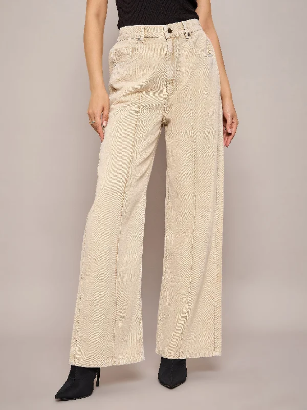 Women Beige Waist Front Dart Straight Jeans Practical Women's Multi - 